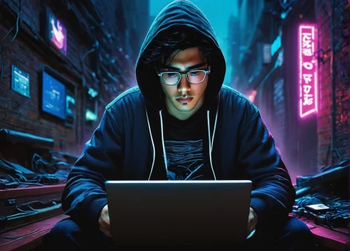 man with a computer,cyberpunk,anonymous hacker,hacker,hacking,cyber crime,cyber glasses,cyber,computer addiction,computer freak,cybercrime,cyber security,cybersecurity,computer code,coder,computer security,night administrator,laptop,digital identity,programmer,Conceptual Art,Sci-Fi,Sci-Fi 21