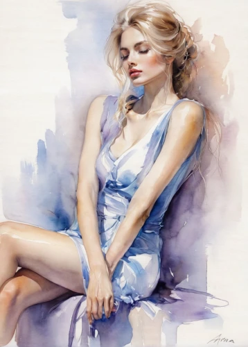 fashion illustration,watercolor pin up,watercolor blue,blue painting,mazarine blue,woman sitting,blue pillow,italian painter,blonde woman,marylin monroe,holly blue,photo painting,pinup girl,pin-up girl,watercolor painting,marylyn monroe - female,art painting,silvery blue,watercolor paint,pin-up,Illustration,Paper based,Paper Based 11