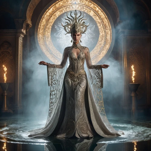 priestess,queen of the night,sorceress,celtic queen,goddess of justice,the enchantress,the snow queen,ice queen,fantasy art,cybele,fantasy portrait,zodiac sign libra,fantasy picture,golden crown,artemisia,athena,light bearer,fairy queen,elven,mirror of souls,Photography,Fashion Photography,Fashion Photography 01
