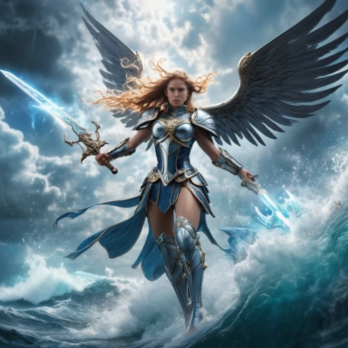 archangel,goddess of justice,the archangel,wind warrior,athena,heroic fantasy,female warrior,warrior woman,god of the sea,fantasy woman,uriel,sea swallow,zodiac sign libra,sea hawk,angels of the apocalypse,guardian angel,vane,harpy,angelology,blue enchantress,Illustration,Realistic Fantasy,Realistic Fantasy 19