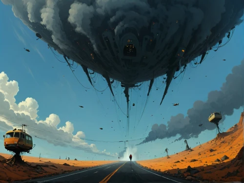 airships,road to nowhere,airship,sci fiction illustration,the road,post-apocalyptic landscape,road forgotten,arrival,road of the impossible,futuristic landscape,migration,hot-air-balloon-valley-sky,road,bad road,the road to the sea,oil drop,turbulence,wasteland,world digital painting,roads,Conceptual Art,Sci-Fi,Sci-Fi 07