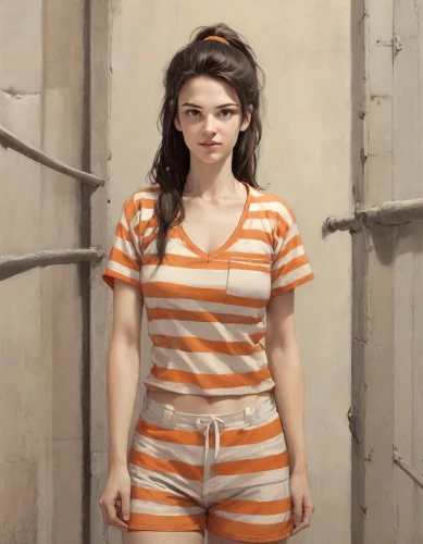 prisoner,prison,clementine,croft,clove,striped background,horizontal stripes,digital painting,jumpsuit,tied up,chainlink,yellow jumpsuit,young woman,world digital painting,portrait of a girl,orange,detention,girl portrait,portrait background,oil painting,Digital Art,Comic
