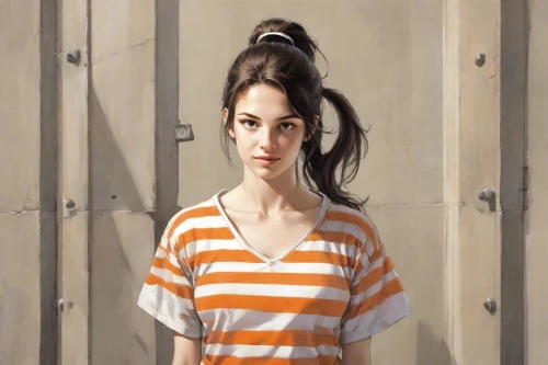 girl in a long,prisoner,girl portrait,young woman,girl in t-shirt,striped background,girl in cloth,portrait of a girl,portrait background,horizontal stripes,girl on the stairs,the girl at the station,girl in a long dress,world digital painting,girl in a historic way,oil painting,photo painting,woman hanging clothes,girl with cloth,the girl in nightie,Digital Art,Comic