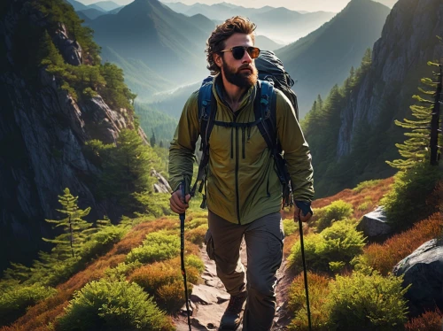 mountain guide,hiking equipment,hiker,mountaineer,trekking pole,trekking poles,mountain hiking,backpacking,high-altitude mountain tour,backpacker,trail searcher munich,trekking,appalachian trail,free wilderness,alpine crossing,the wanderer,alpine route,outdoor recreation,hiking path,adventurer,Illustration,Realistic Fantasy,Realistic Fantasy 34