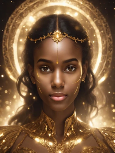 golden crown,fantasy portrait,zodiac sign libra,gold crown,mystical portrait of a girl,priestess,libra,goddess of justice,ancient egyptian girl,cleopatra,african american woman,african woman,mary-gold,beautiful african american women,warrior woman,gemini,zodiac sign gemini,golden mask,fantasia,golden eyes,Photography,Cinematic