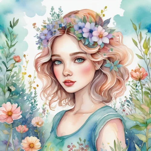 girl in flowers,watercolor floral background,flora,flower fairy,floral background,spring crown,flower crown,flower painting,watercolor wreath,fantasy portrait,watercolor background,rose flower illustration,blooming wreath,beautiful girl with flowers,fae,hydrangea,hydrangeas,watercolor flowers,flower girl,springtime background,Illustration,Paper based,Paper Based 04