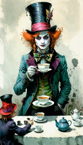 hatter,alice in wonderland,tea party,ringmaster,teatime,tea party cat,tea time,woman drinking coffee,teacup,tea service,afternoon tea,tea drinking,high tea,the carnival of venice,tea party collection,tea cup fella,aristocrat,british tea,cup of tea,a cup of tea,Illustration,Paper based,Paper Based 05