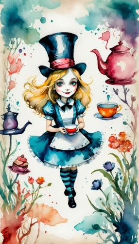 alice in wonderland,alice,wonderland,hatter,watercolor tea,watercolor tea set,tea party,tea party collection,fairy tale character,watercolor macaroon,tea party cat,fairytale characters,candy cauldron,teacup,tea card,watercolor background,pierrot,marionette,watercolor cafe,coffee tea illustration,Illustration,Paper based,Paper Based 25