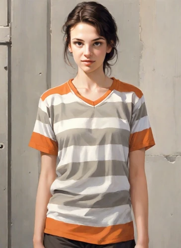 girl in t-shirt,isolated t-shirt,striped background,horizontal stripes,clementine,long-sleeved t-shirt,clove,girl in a long,cotton top,tshirt,stripes,digital compositing,pin stripe,polo shirt,tee,young woman,portrait background,torn shirt,portrait of a girl,television character,Digital Art,Comic