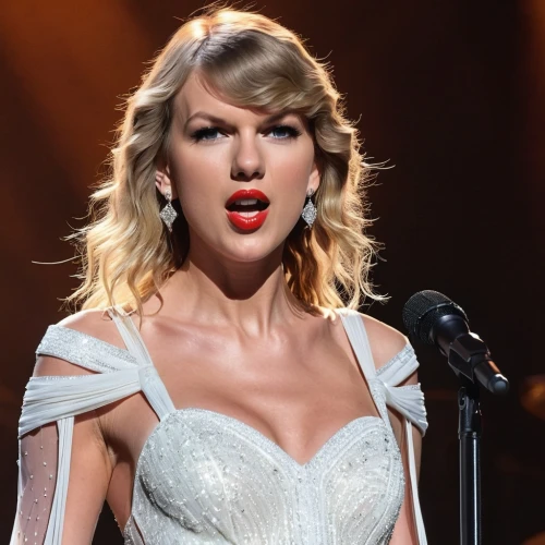 banner,aging icon,white dress,red gown,wireless microphone,porcelain doll,playback,tayberry,earpieces,red banner,shoulder length,queen,enchanting,tearing beauty face,pop music,short blond hair,golden haired,swifts,white bow,singer and actress