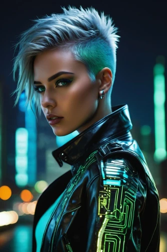 cyberpunk,birds of prey-night,mohawk,futuristic,cyber,jacket,pixie-bob,punk,cyborg,neon body painting,asymmetric cut,bolero jacket,mohawk hairstyle,neon lights,wallis day,punk design,renegade,streampunk,birds of prey,short blond hair,Illustration,Realistic Fantasy,Realistic Fantasy 03