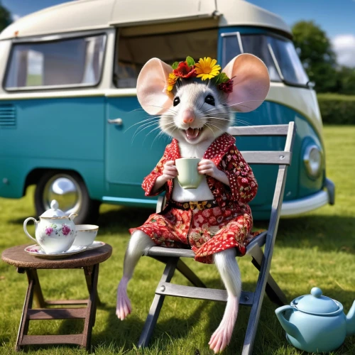 campervan,whimsical animals,alfresco,cute cartoon character,rat na,caravanning,anthropomorphized animals,rataplan,animals play dress-up,rving,camping car,dormouse,glamping,white footed mice,cute cartoon image,vintage mice,camping,motorhomes,musical rodent,motorhome