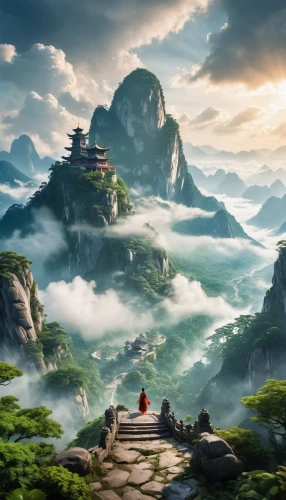 buddhists monks,fantasy landscape,the mystical path,landscape background,mountain scene,chinese clouds,zen,world digital painting,mountain landscape,mountain world,mountainous landscape,buddhist monk,japan landscape,fantasy picture,tigers nest,cartoon video game background,full hd wallpaper,high landscape,mount scenery,chinese background,Photography,General,Realistic