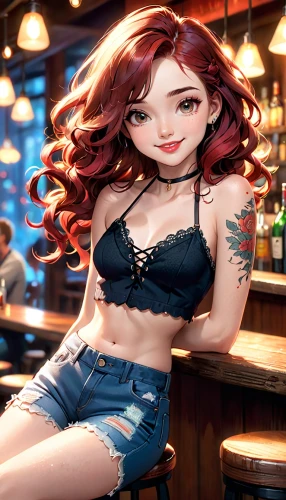 barmaid,bartender,barista,bar,waitress,nami,unique bar,redhead doll,jeans background,pub,ariel,tattoo girl,coffee background,red-haired,denim background,jean shorts,pin-up girl,poker primrose,pin up girl,the sea maid,Anime,Anime,Cartoon
