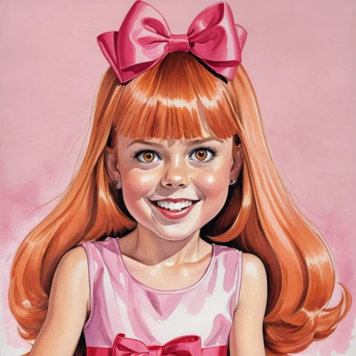 pippi longstocking,pink bow,candy island girl,caricaturist,rockabella,child portrait,shirley temple,portrait of a girl,little girl in pink dress,girl-in-pop-art,redhead doll,girl portrait,kewpie doll,painter doll,rosy garlic,pink lady,gingerbread girl,artist doll,ginger rodgers,a girl's smile,Illustration,Abstract Fantasy,Abstract Fantasy 23