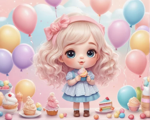 cupcake background,little girl with balloons,doll kitchen,pink balloons,birthday banner background,soft pastel,cute cartoon character,birthday background,easter theme,doll's festival,children's birthday,candy island girl,second birthday,bonbon,cute cartoon image,cotton candy,first birthday,girl doll,marzipan,portrait background,Illustration,Abstract Fantasy,Abstract Fantasy 06