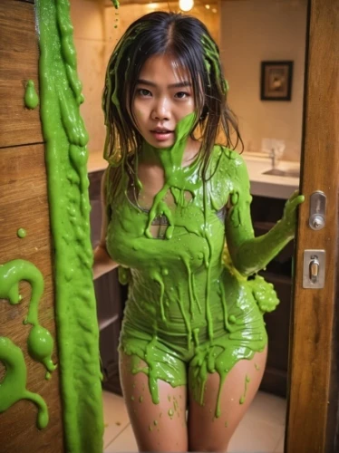 asian costume,wasabi,green skin,bjork,asian woman,zombie,slime,vietnamese woman,three-lobed slime,asian girl,bodypainting,poison ivy,mud,ivy,woman frog,camo,body painting,pi mai,bodypaint,mulan