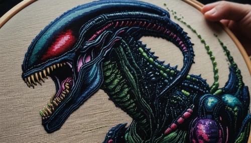 embroidery,embroider,stitching,embroidered,cross-stitch,hand painting,detail shot,hand-painted,vintage embroidery,needlework,handdrawn,hand painted,alien,fabric painting,stitched,meticulous painting,painted dragon,venom,jurassic,painting easter egg,Photography,General,Fantasy