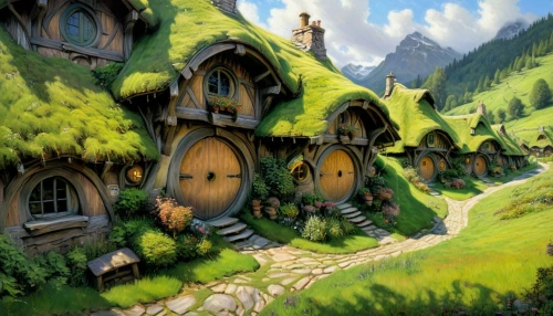 alpine village,escher village,fairy village,mountain settlement,aurora village,mountain village,knight village,hobbiton,wooden houses,houses clipart,alpine pastures,hobbit,mountain huts,druid grove,hanging houses,chalets,home landscape,fairy house,villages,scandia gnomes,Illustration,Realistic Fantasy,Realistic Fantasy 03