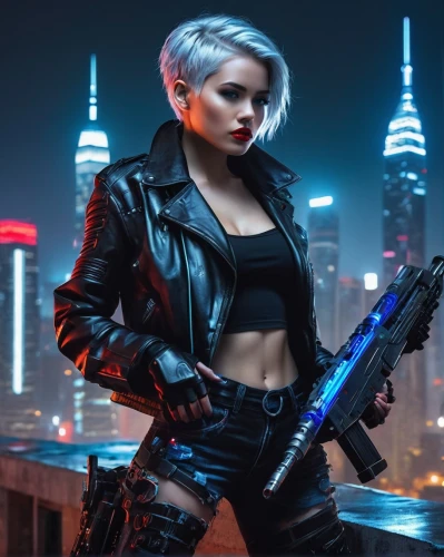 cyberpunk,femme fatale,girl with gun,birds of prey-night,renegade,girl with a gun,futuristic,woman holding gun,katana,cyborg,terminator,mercenary,rifle,holding a gun,harley,cyber,enforcer,wallis day,sci fi,dystopian,Illustration,Paper based,Paper Based 10