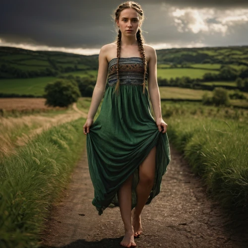 girl in a long dress,celtic woman,celtic queen,country dress,long dress,fae,green dress,a girl in a dress,girl in a long dress from the back,celtic harp,woman walking,swath,faery,vintage dress,girl walking away,jessamine,faerie,antrim,irish,evening dress