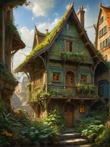 house in the forest,ancient house,alpine village,mountain settlement,wooden houses,crooked house,wooden house,house in mountains,witch's house,escher village,little house,aurora village,house in the mountains,traditional house,knight village,home landscape,apartment house,mountain village,fairy village,small house,Conceptual Art,Fantasy,Fantasy 05