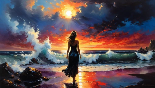 oil painting on canvas,fantasy picture,sea landscape,the endless sea,fantasy art,sun and sea,seascape,god of the sea,oil painting,the wind from the sea,art painting,exploration of the sea,fire and water,tidal wave,mermaid background,sea night,guiding light,ocean background,beach landscape,eventide,Conceptual Art,Oil color,Oil Color 06