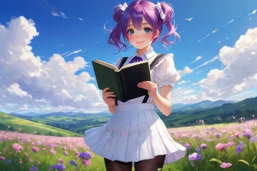bookworm,spring background,reading,yuki nagato sos brigade,girl studying,sakura background,japanese sakura background,springtime background,scholar,read a book,open book,author,blooming field,writing-book,novels,flower background,holding flowers,field of flowers,novel,picking flowers,Illustration,Paper based,Paper Based 03