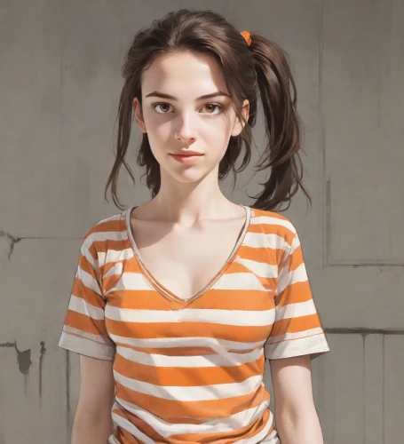 clementine,girl in t-shirt,female doll,striped background,retro girl,painter doll,portrait of a girl,cute cartoon character,character animation,girl portrait,girl with cloth,young woman,girl in cloth,cotton top,horizontal stripes,girl with bread-and-butter,orange,female model,girl drawing,portrait background,Digital Art,Comic