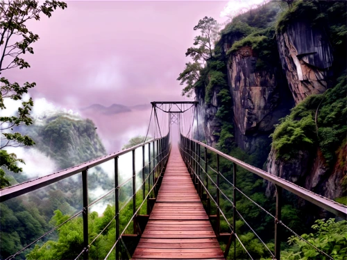 hanging bridge,canopy walkway,suspension bridge,scenic bridge,wooden bridge,rainbow bridge,walkway,landscape background,inca rope bridge,rope bridge,footbridge,hiking path,huangshan mountains,dragon bridge,humpback bridge,vietnam,guizhou,tree top path,tigers nest,the mystical path,Conceptual Art,Fantasy,Fantasy 33