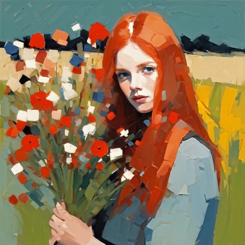 girl in flowers,girl picking flowers,girl in the garden,redheads,young woman,red-haired,holding flowers,girl in a wreath,girl lying on the grass,lily of the field,redhead doll,cloves schwindl inge,straw flower,red head,luisa grass,beautiful girl with flowers,carol colman,portrait of a girl,flower painting,with a bouquet of flowers