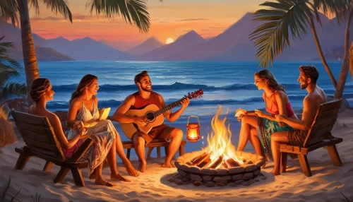 campfire,luau,campfires,musicians,firepit,island group,rock band,camp fire,fire pit,tahiti,fireside,fire bowl,musical background,musical ensemble,cd cover,bonfire,cavaquinho,aborigines,island residents,log fire,Conceptual Art,Oil color,Oil Color 22