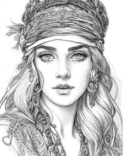 boho art,pencil drawings,fantasy portrait,coloring page,fantasy art,pencil art,girl drawing,celtic queen,elven,pencil drawing,girl portrait,princess anna,eyes line art,elsa,fairy tale character,white rose snow queen,the snow queen,headdress,arabian,line-art,Art sketch,Art sketch,Traditional