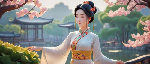 mulan,hanbok,geisha girl,geisha,oriental princess,plum blossoms,japanese sakura background,spring festival,oriental girl,japanese woman,sakura background,plum blossom,wuchang,chinese art,oriental,mukimono,jasmine blossom,the cherry blossoms,taiwanese opera,japanese background,Unique,3D,Low Poly