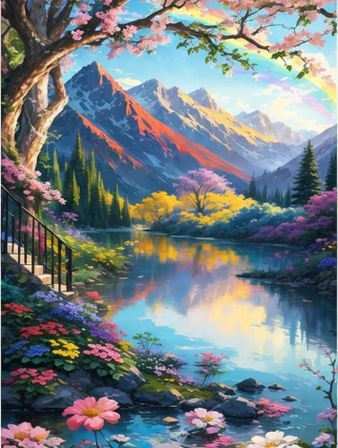 landscape background,river landscape,sakura tree,mountain landscape,nature landscape,sakura trees,springtime background,fantasy landscape,mountain scene,japanese sakura background,meadow in pastel,salt meadow landscape,beautiful landscape,flower painting,cherry blossom tree,japan landscape,japanese floral background,landscape nature,blossom tree,meadow landscape