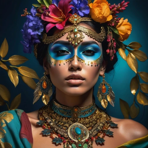 cleopatra,masquerade,fantasy portrait,headdress,boho art,adornments,venetian mask,fairy peacock,indian headdress,peacock,mystical portrait of a girl,blue peacock,feather headdress,boho,girl in a wreath,indian bride,headpiece,golden wreath,polynesian girl,jewelry florets,Photography,Artistic Photography,Artistic Photography 08