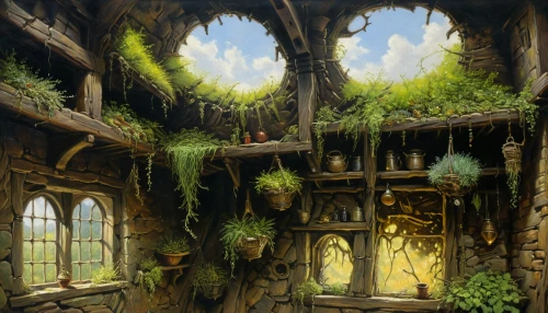 dandelion hall,witch's house,house in the forest,background ivy,apothecary,fairy house,tree house,elven forest,fantasy art,terrarium,fairy village,druid grove,fantasy landscape,ancient house,fantasy picture,treehouse,overgrown,green plants,green garden,greenhouse,Illustration,Realistic Fantasy,Realistic Fantasy 03