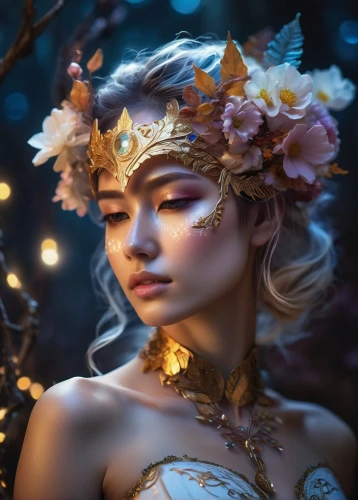 faery,faerie,fantasy portrait,fairy queen,flower fairy,mystical portrait of a girl,gold foil mermaid,fae,fantasy art,girl in a wreath,elven flower,golden wreath,masquerade,fantasy picture,beautiful girl with flowers,fantasy woman,fairy,water nymph,golden lilac,golden crown,Photography,Artistic Photography,Artistic Photography 08