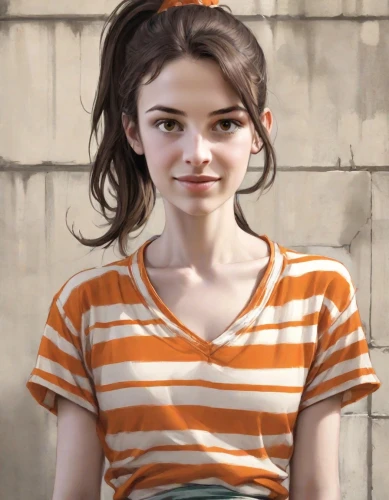 girl in t-shirt,striped background,clementine,portrait background,clove,girl portrait,portrait of a girl,cotton top,young woman,horizontal stripes,girl with cereal bowl,young model istanbul,girl with cloth,pretty young woman,girl in a long,polo shirt,lori,orange,beautiful young woman,liberty cotton,Digital Art,Comic