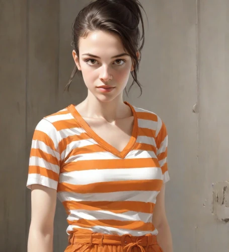 clementine,orange,horizontal stripes,girl in t-shirt,cotton top,striped background,orange color,striped,bright orange,stripes,polo shirt,liberty cotton,orange half,female model,model doll,teen,young woman,cute clothes,retro girl,girl in overalls,Digital Art,Comic