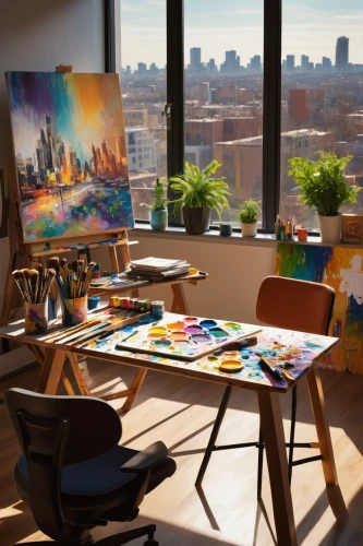 creative office,art painting,colorful city,penthouse apartment,glass painting,sky apartment,meticulous painting,the living room of a photographer,painter,fabric painting,table artist,italian painter,painting technique,photo painting,art academy,painting,art paint,loft,work space,artful,Art,Classical Oil Painting,Classical Oil Painting 30