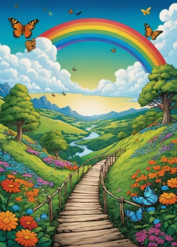 rainbow bridge,rainbow butterflies,rainbow background,butterfly background,children's background,rainbow world map,colors rainbow,heaven gate,fantasy picture,pathway,background colorful,the way of nature,the mystical path,rainbow pencil background,fairy world,background image,landscape background,colorful background,harmony of color,rainbow pattern,Illustration,American Style,American Style 10