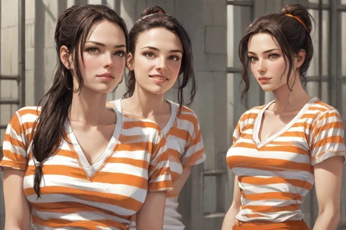 triplet lily,female doll,horizontal stripes,orange,croft,nurse uniform,women clothes,clones,clementine,realdoll,anime 3d,telephone operator,clone jesionolistny,doll looking in mirror,duplicate,women's clothing,striped background,cola bottles,orange robes,retro girl,Digital Art,Comic