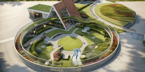 eco hotel,solar cell base,golf resort,futuristic art museum,golf hotel,3d rendering,mini golf course,futuristic architecture,helipad,school design,observation tower,feng shui golf course,sky space concept,highway roundabout,playground slide,hospital landing pad,miniature golf,grass roof,roof landscape,oval forum,Photography,General,Realistic