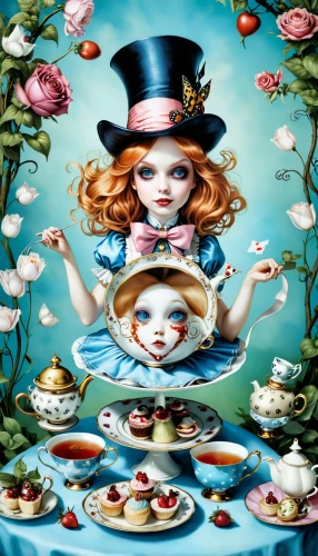 alice in wonderland,tea party collection,doll kitchen,tea party,porcelain dolls,alice,porcelaine,teacup,girl with cereal bowl,wonderland,joint dolls,chinaware,confectioner,tea service,cake stand,pierrot,tableware,tea cups,serveware,vintage china,Illustration,Abstract Fantasy,Abstract Fantasy 11