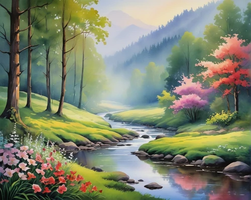 landscape background,river landscape,nature landscape,forest landscape,meadow landscape,springtime background,forest background,meadow in pastel,watercolor background,landscape nature,brook landscape,mountain scene,background view nature,mountain landscape,natural landscape,flower painting,spring background,salt meadow landscape,oil painting on canvas,art painting,Illustration,American Style,American Style 05
