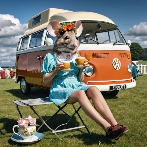 campervan,tea party cat,volkswagenbus,vw camper,vw model,vwbus,camper van,caravanning,camping car,ice cream van,oktoberfest cats,vintage cat,vw van,restored camper,vw bus,vw bulli,cat drinking tea,animals play dress-up,motorhomes,volkswagen vw