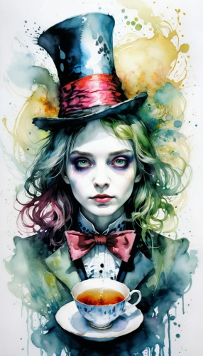 hatter,alice in wonderland,alice,ringmaster,pierrot,magician,watercolor tea,wonderland,absinthe,candy cauldron,girl with cereal bowl,the carnival of venice,top hat,painter doll,watercolor paint,printing inks,horror clown,teacup,marionette,harlequin,Illustration,Paper based,Paper Based 20