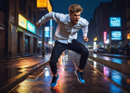 street dancer,axel jump,levitation,jumping,walking in the rain,leaping,blue shoes,flip (acrobatic),male ballet dancer,levitating,runner,freestyle walking,rain pants,street dance,jumping jack,free running,justin bieber,jump,pedestrian,parkour,Art,Artistic Painting,Artistic Painting 32