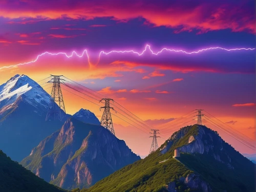 electricity pylons,electrical grid,transmission tower,electricity pylon,electric tower,electrical energy,powerlines,high voltage wires,electricity,electrical lines,power towers,power line,electricity generation,electrical wires,landscape background,electric cable,power lines,cable programming in the northwest part,pylons,mountain sunrise,Photography,General,Realistic